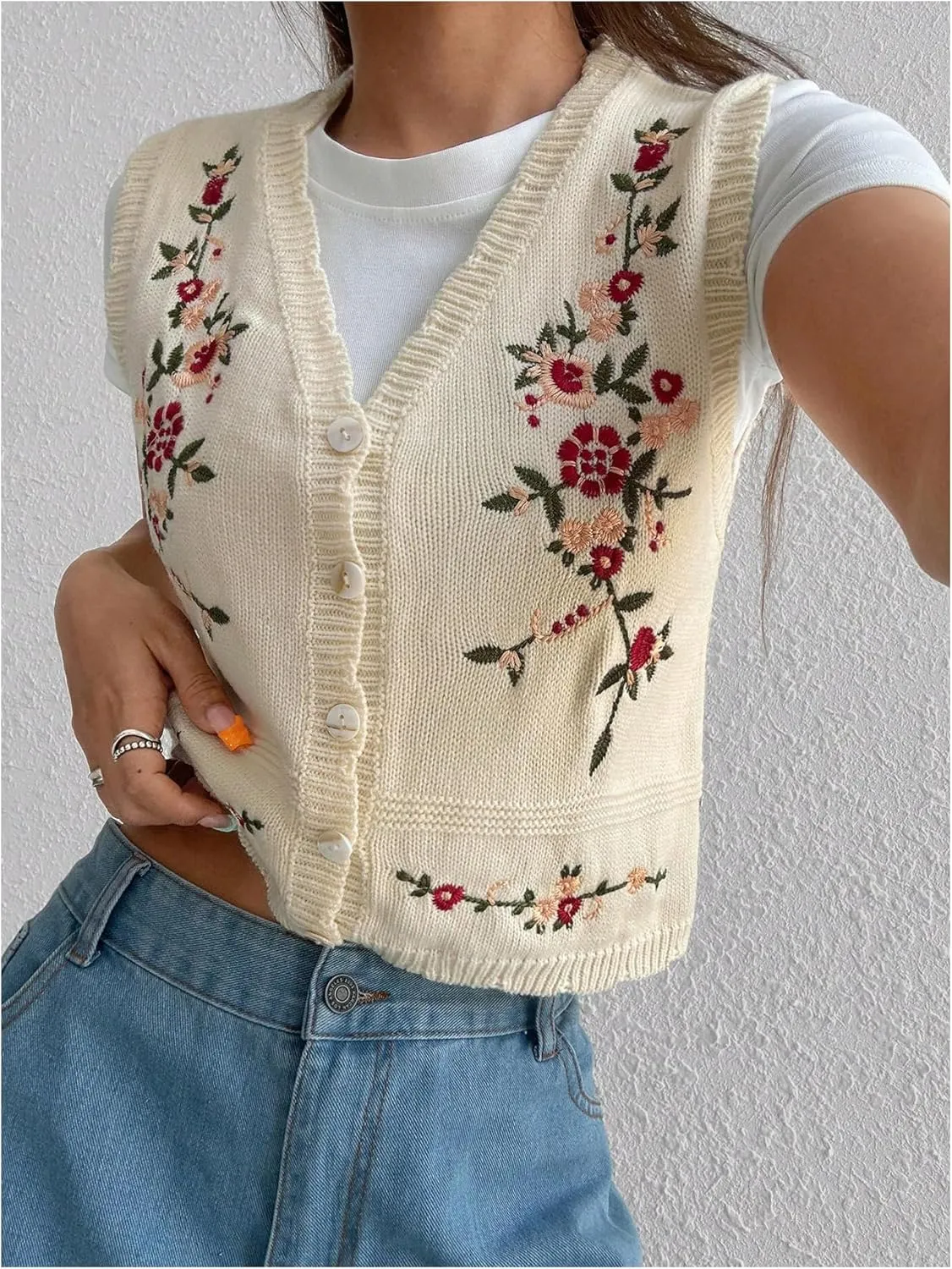 GORGLITTER Women's Flower Embroidery Vintage Sweater Vest Sleeveless Western Country Concert Cardigan Tops