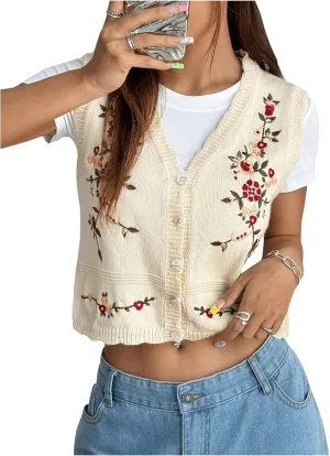 GORGLITTER Women's Flower Embroidery Vintage Sweater Vest Sleeveless Western Country Concert Cardigan Tops