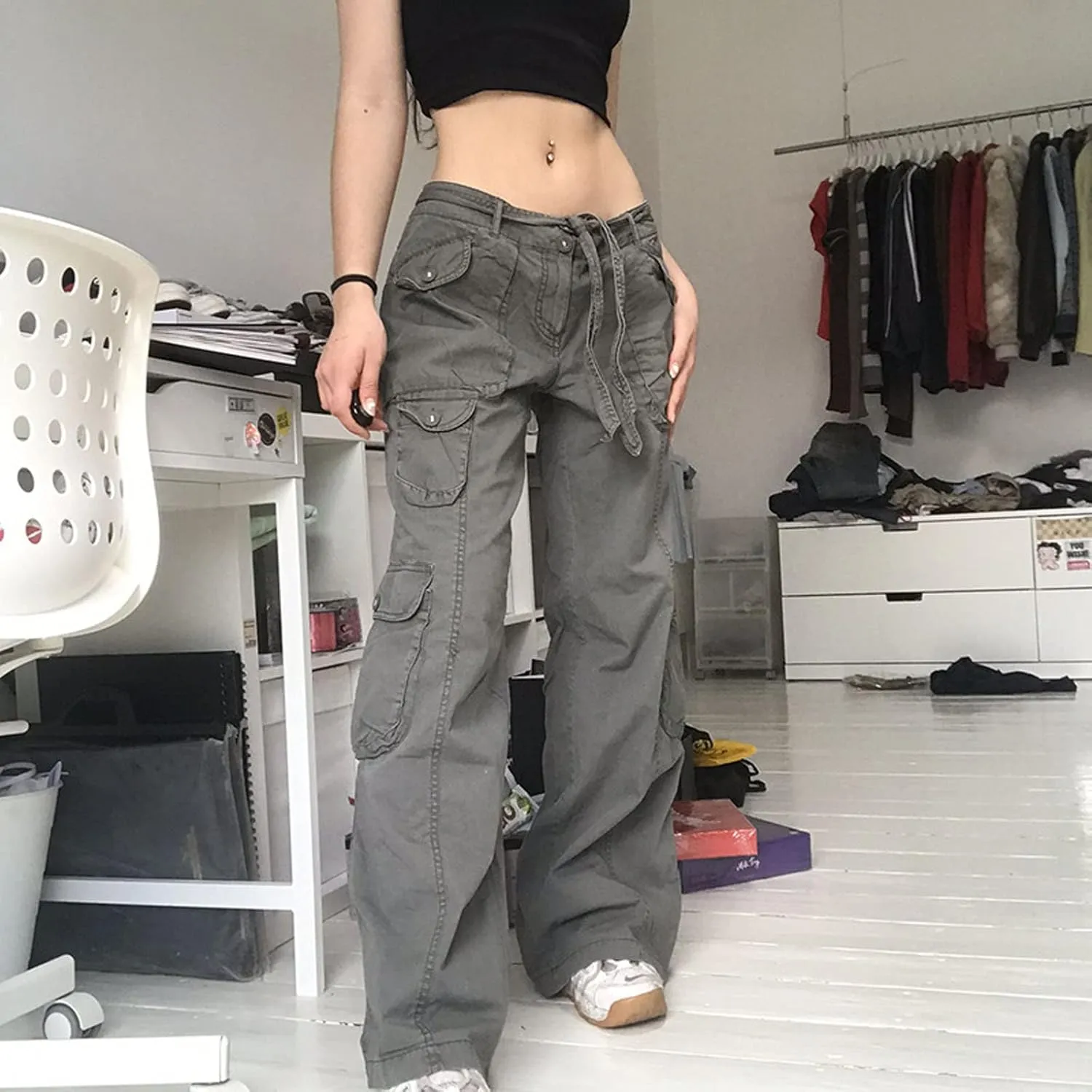 Gothic Cargo Pants Women's High Waist Wide Leg Jeans Women's Loose Casual Pants