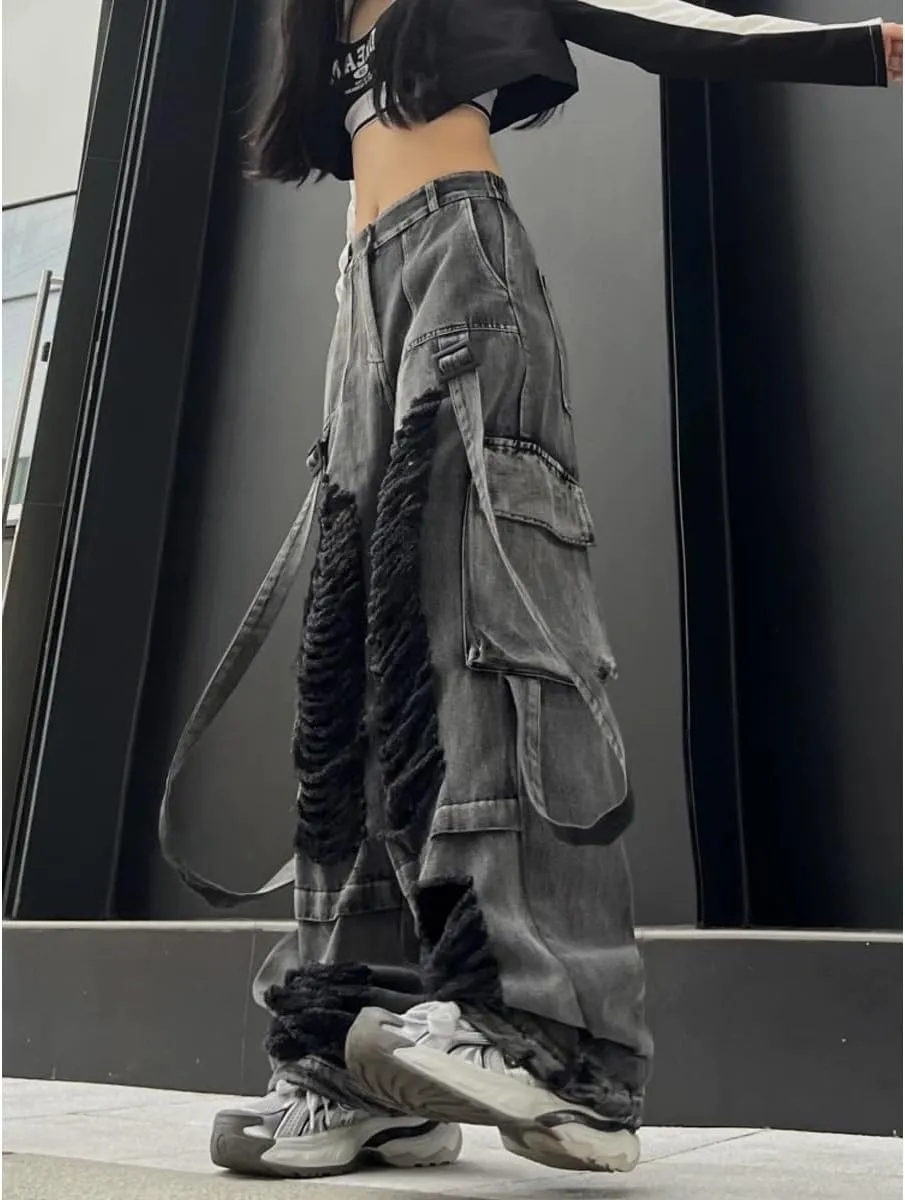 Gothic Style Women's Jeans, Women's Street Hip-Hop Ripped Jeans, Wide Leg Camisole Work Pants