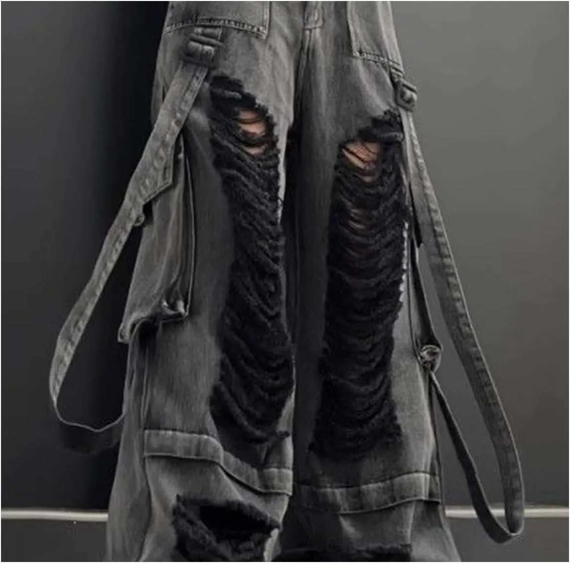 Gothic Style Women's Jeans, Women's Street Hip-Hop Ripped Jeans, Wide Leg Camisole Work Pants