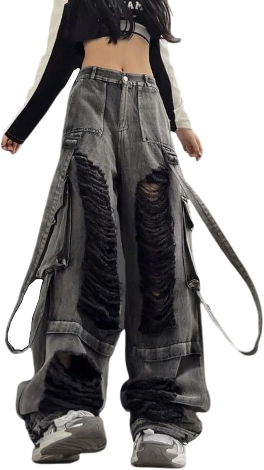 Gothic Style Women's Jeans, Women's Street Hip-Hop Ripped Jeans, Wide Leg Camisole Work Pants