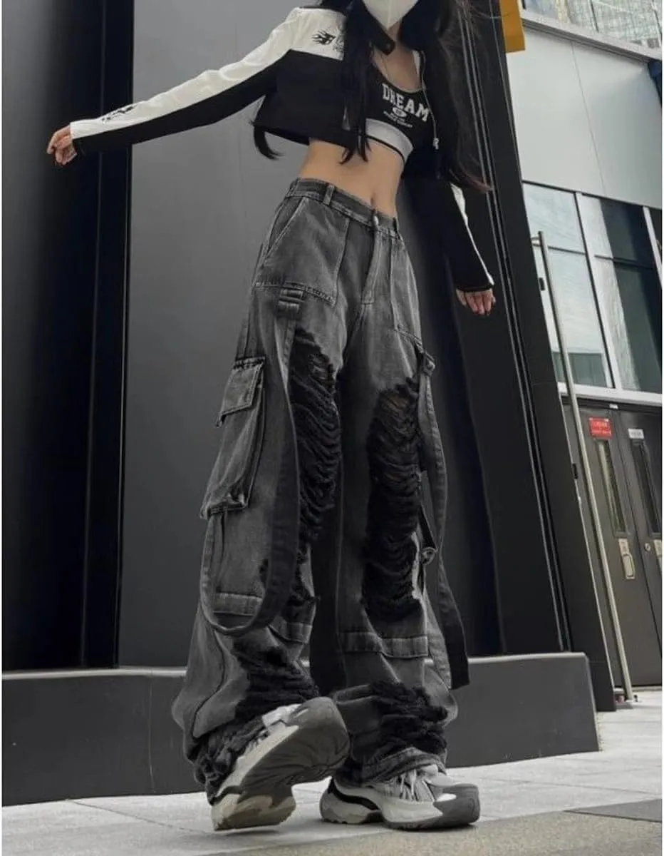 Gothic Style Women's Jeans, Women's Street Hip-Hop Ripped Jeans, Wide Leg Camisole Work Pants