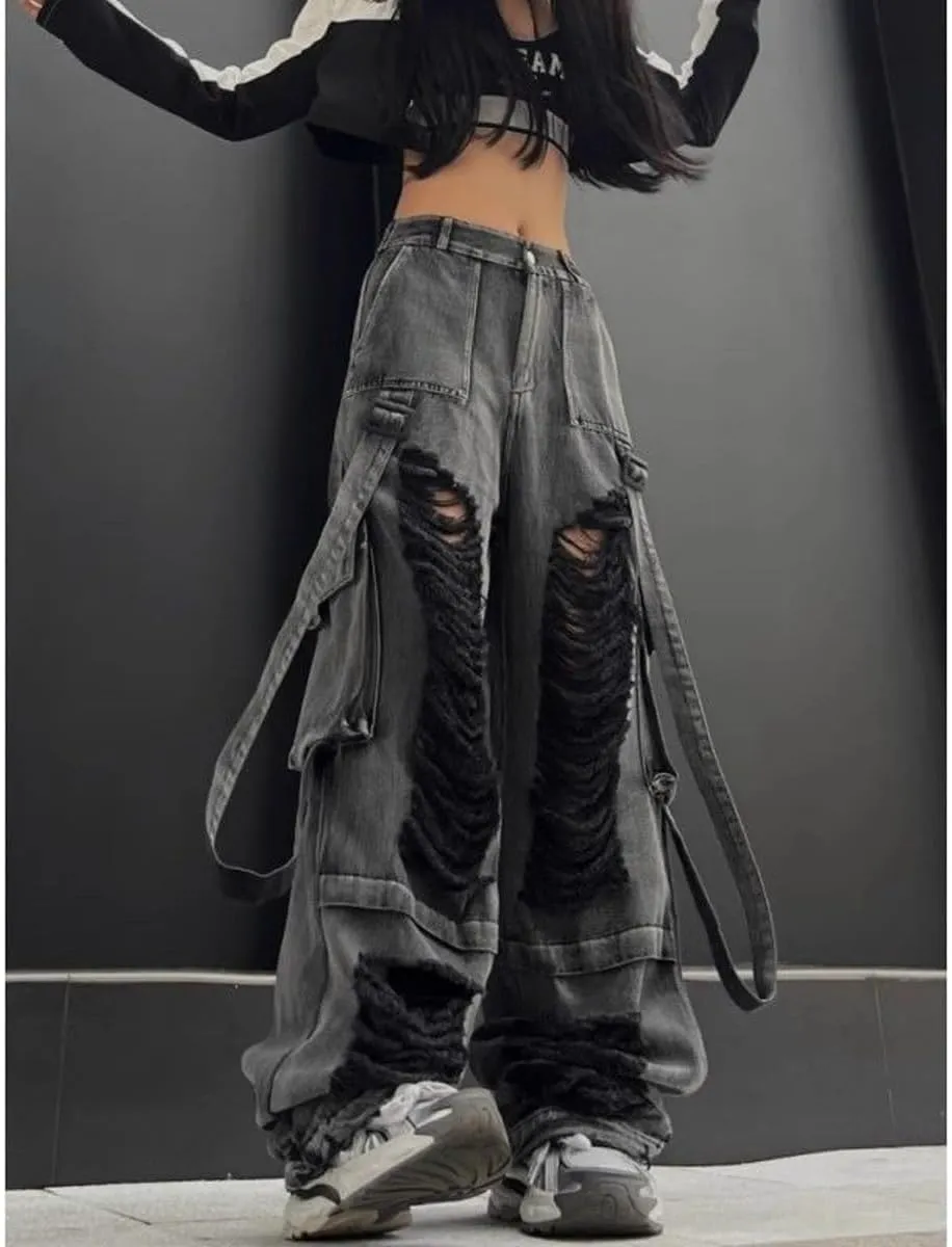 Gothic Style Women's Jeans, Women's Street Hip-Hop Ripped Jeans, Wide Leg Camisole Work Pants