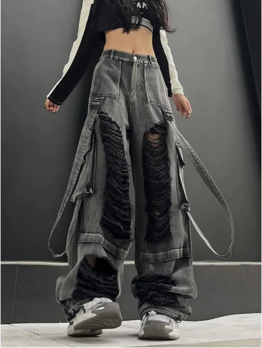 Gothic Style Women's Jeans, Women's Street Hip-Hop Ripped Jeans, Wide Leg Camisole Work Pants