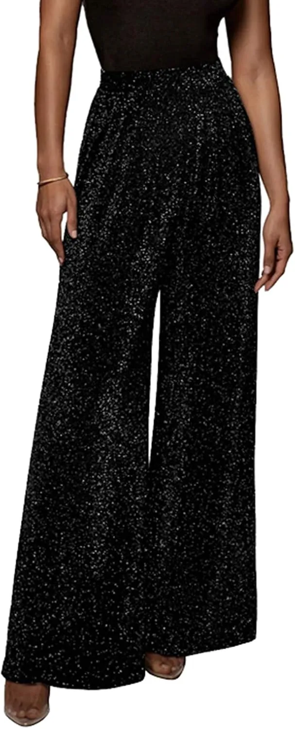 GUOLEZEEV Women High Elastic Waist Wide Leg Palazzo Pants Casual Loose Long Pant Trouser