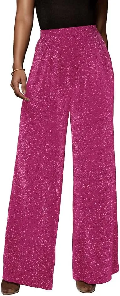GUOLEZEEV Women High Elastic Waist Wide Leg Palazzo Pants Casual Loose Long Pant Trouser