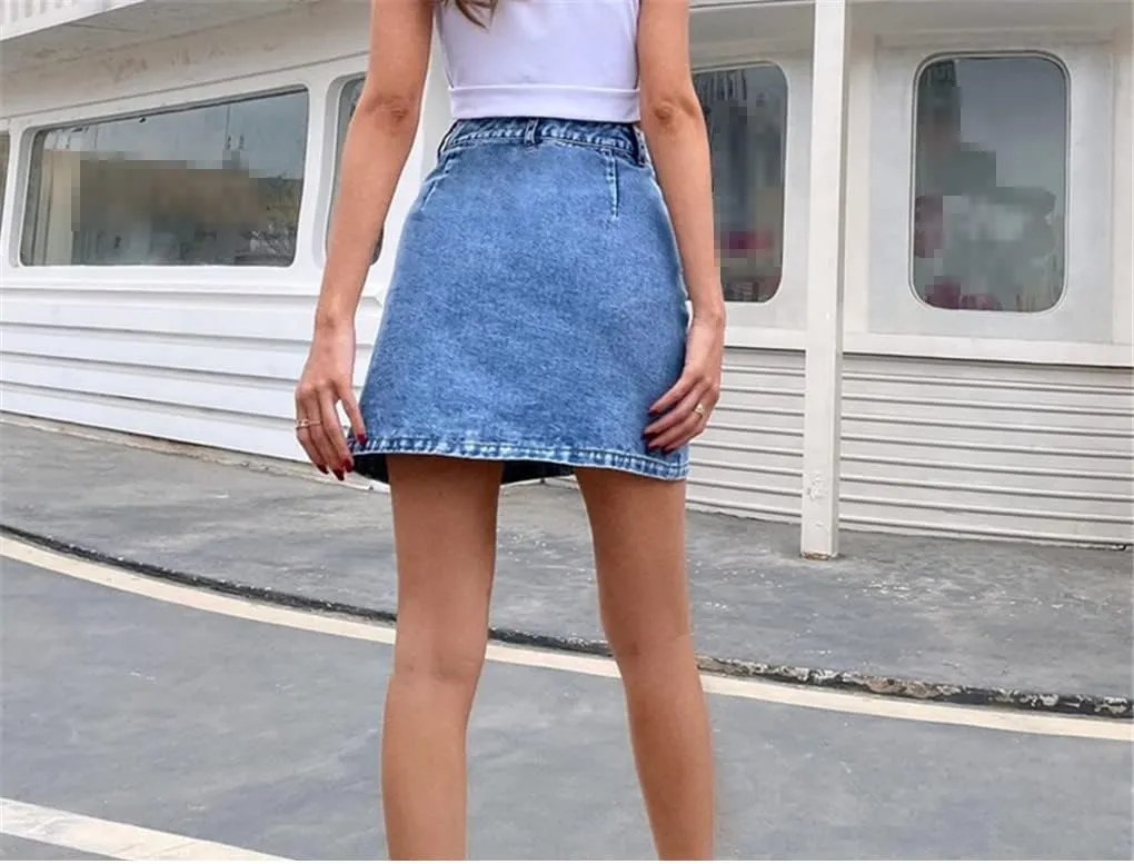 High Waisted Denim Short Skirt Summer Bandage A Line Women Skirt Casual Washed Slim Slit Mini Skirt Female