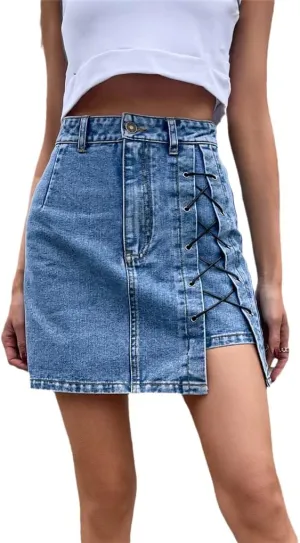 High Waisted Denim Short Skirt Summer Bandage A Line Women Skirt Casual Washed Slim Slit Mini Skirt Female
