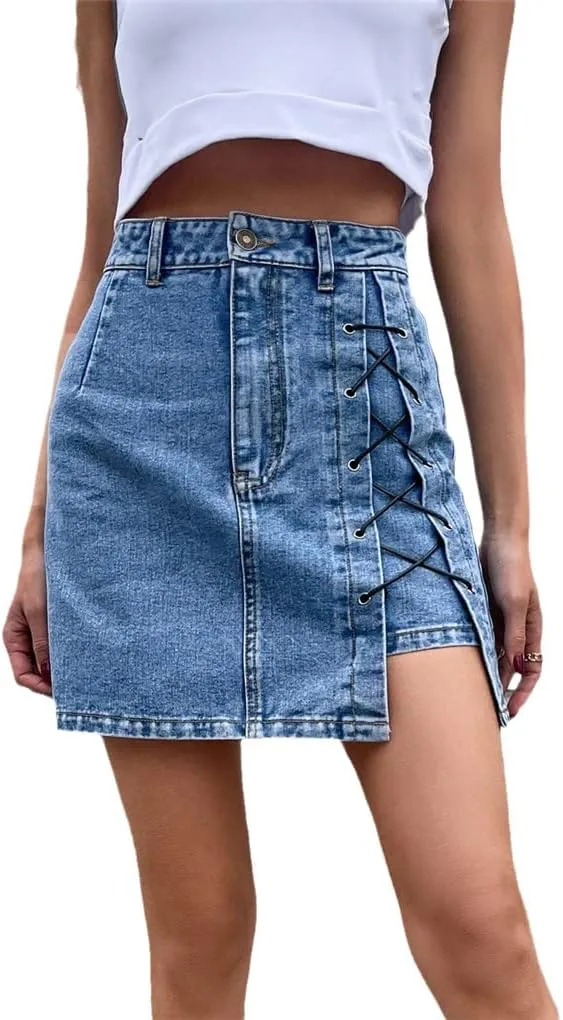 High Waisted Denim Short Skirt Summer Bandage A Line Women Skirt Casual Washed Slim Slit Mini Skirt Female