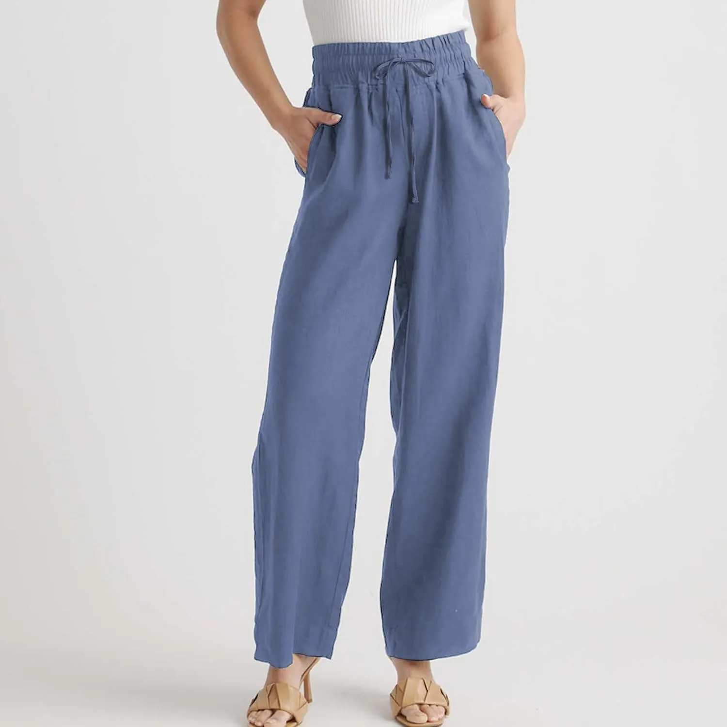 Hixiaohe Women Linen Pant High Waisted Wide Leg Palazzo Trousers Loose Flowy Pants Beach Travel Vacation Outfits with Pockets