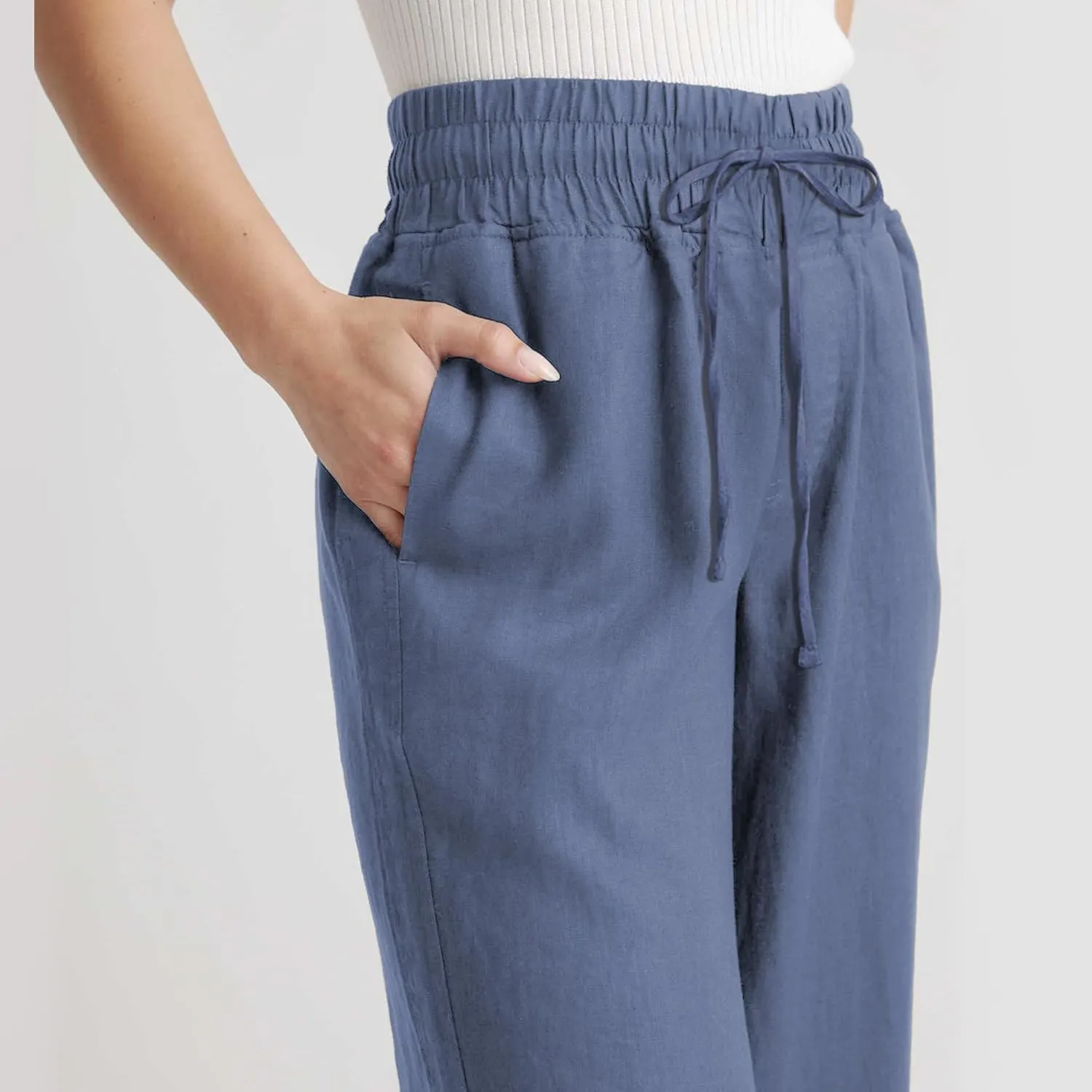 Hixiaohe Women Linen Pant High Waisted Wide Leg Palazzo Trousers Loose Flowy Pants Beach Travel Vacation Outfits with Pockets