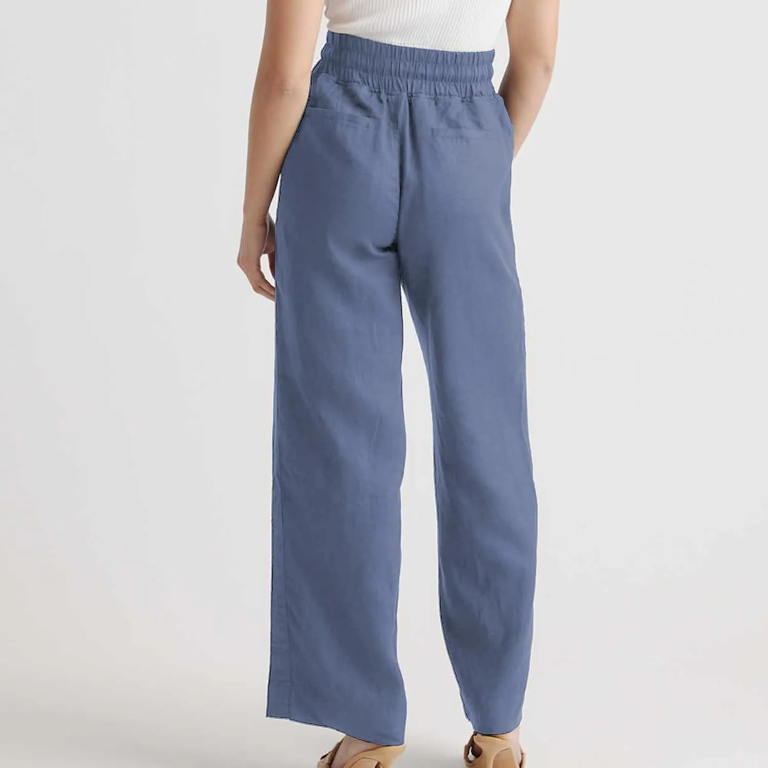 Hixiaohe Women Linen Pant High Waisted Wide Leg Palazzo Trousers Loose Flowy Pants Beach Travel Vacation Outfits with Pockets