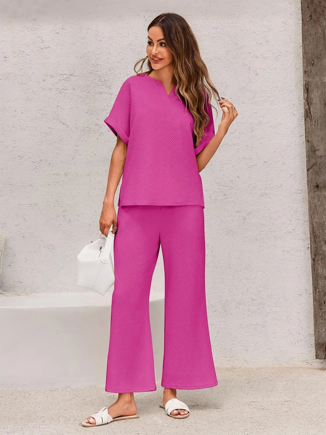 Imily Bela Womens 2 Piece Outfits Short Sleeve V neck Tops and Wide Leg Pants Sets Loungewear Casual Summer Tracksuits