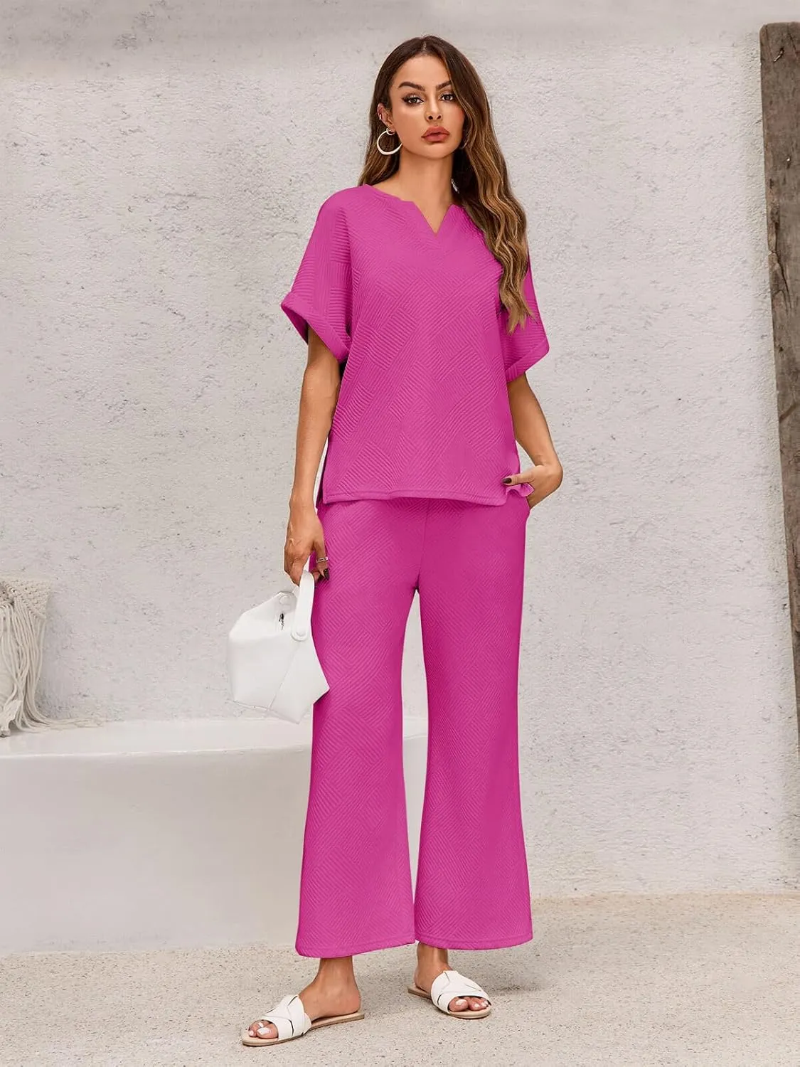 Imily Bela Womens 2 Piece Outfits Short Sleeve V neck Tops and Wide Leg Pants Sets Loungewear Casual Summer Tracksuits