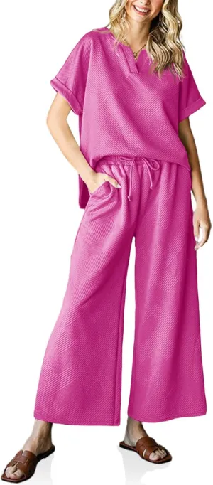 Imily Bela Womens 2 Piece Outfits Short Sleeve V neck Tops and Wide Leg Pants Sets Loungewear Casual Summer Tracksuits