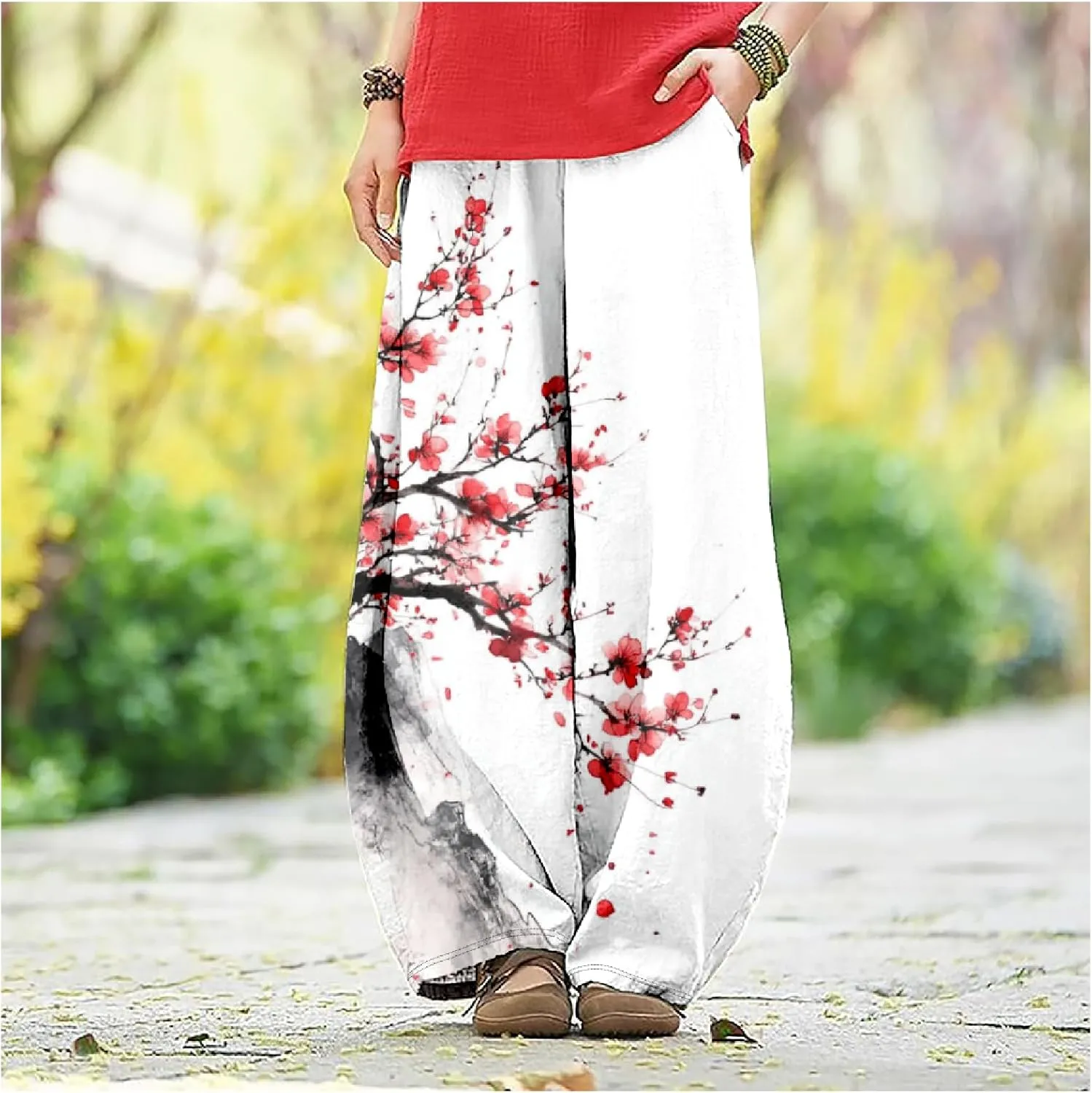 Japanese Ink Painting Pants Waist Elastic Wide Leg Sweatpants Ethnic Style Baggy Trouser Casual Boho Spring Fall Pant