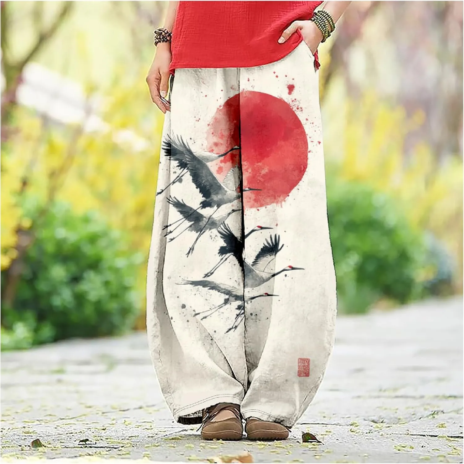 Japanese Ink Painting Pants Waist Elastic Wide Leg Sweatpants Ethnic Style Baggy Trouser Casual Boho Spring Fall Pant