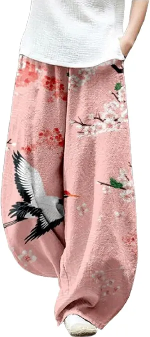 Japanese Ink Painting Pants Waist Elastic Wide Leg Sweatpants Ethnic Style Baggy Trouser Casual Boho Spring Fall Pant