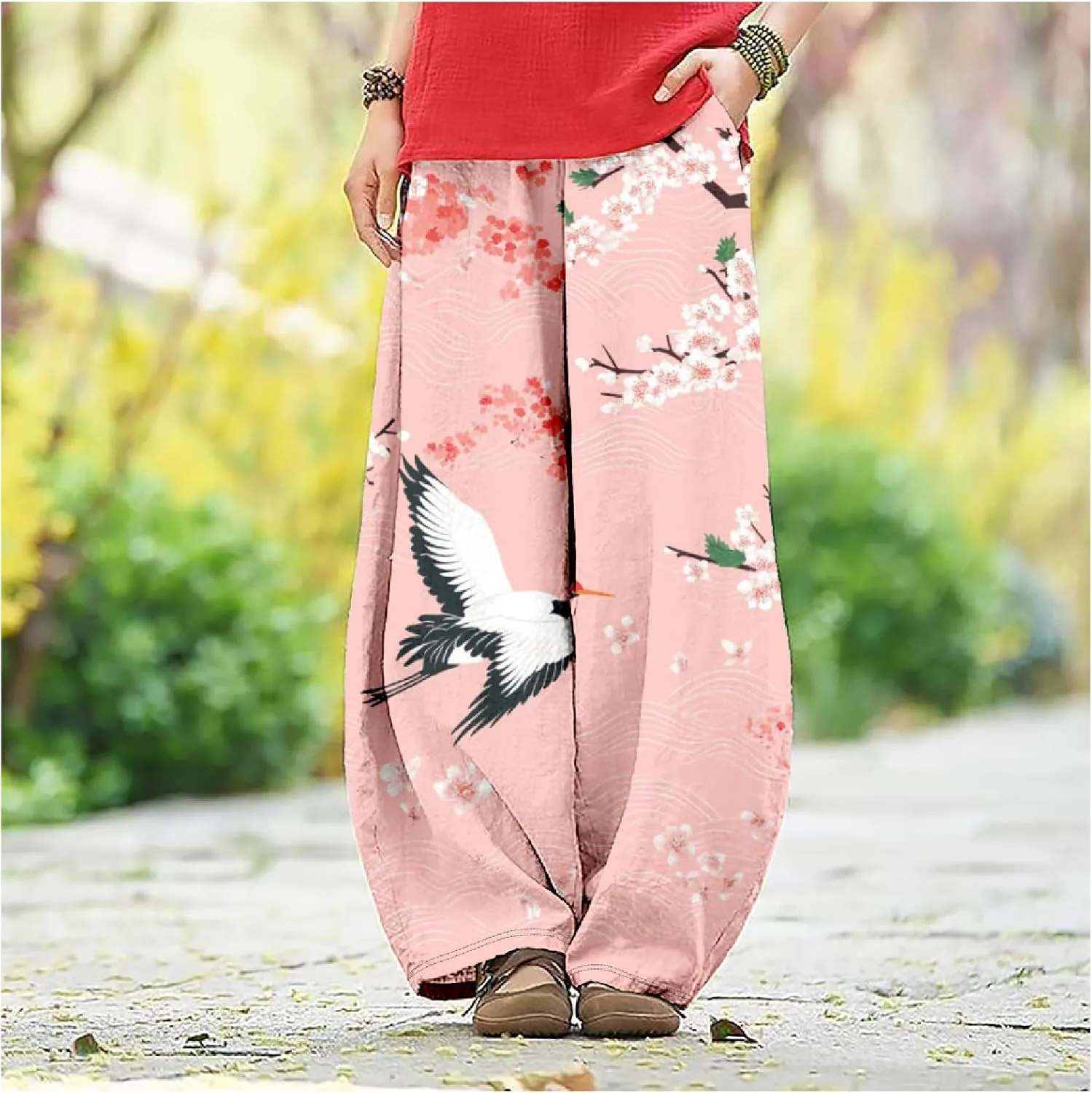 Japanese Ink Painting Pants Waist Elastic Wide Leg Sweatpants Ethnic Style Baggy Trouser Casual Boho Spring Fall Pant