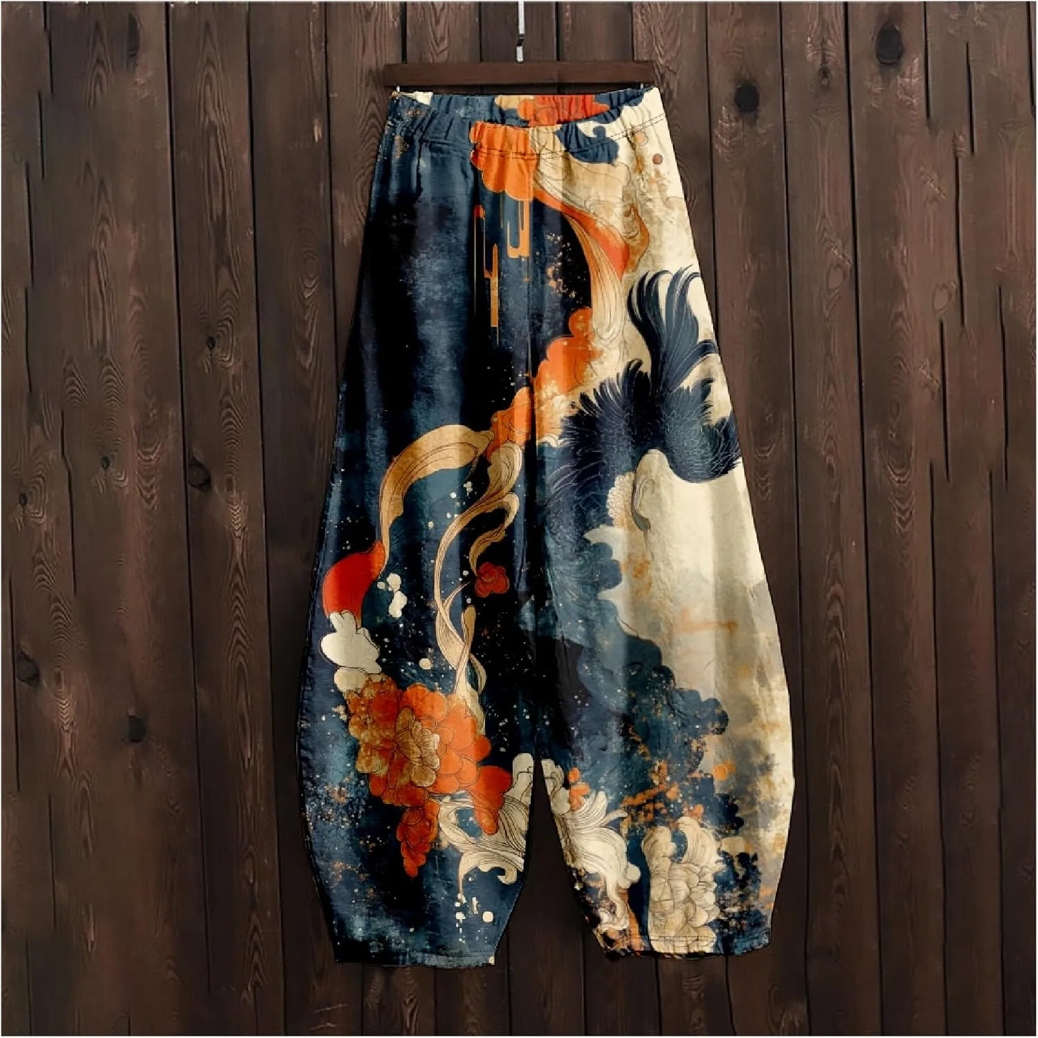 Japanese Ink Painting Pants Waist Elastic Wide Leg Sweatpants Ethnic Style Baggy Trouser Casual Boho Spring Fall Pant
