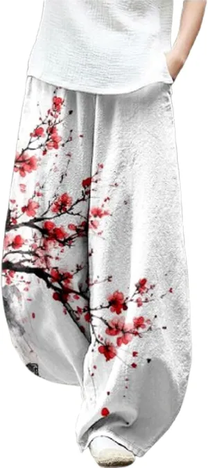 Japanese Ink Painting Pants Waist Elastic Wide Leg Sweatpants Ethnic Style Baggy Trouser Casual Boho Spring Fall Pant