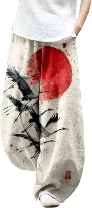 Japanese Ink Painting Pants Waist Elastic Wide Leg Sweatpants Ethnic Style Baggy Trouser Casual Boho Spring Fall Pant