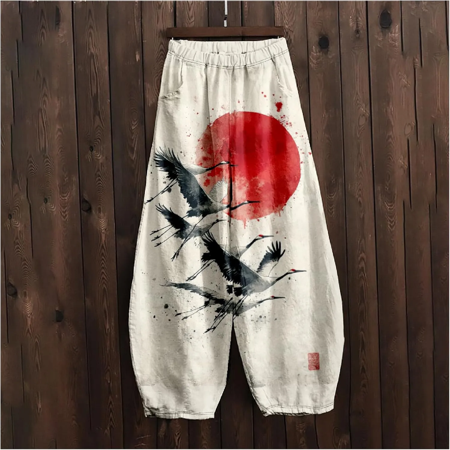Japanese Ink Painting Pants Waist Elastic Wide Leg Sweatpants Ethnic Style Baggy Trouser Casual Boho Spring Fall Pant