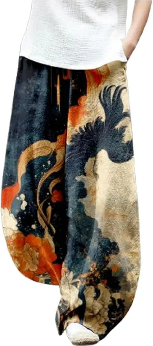 Japanese Ink Painting Pants Waist Elastic Wide Leg Sweatpants Ethnic Style Baggy Trouser Casual Boho Spring Fall Pant