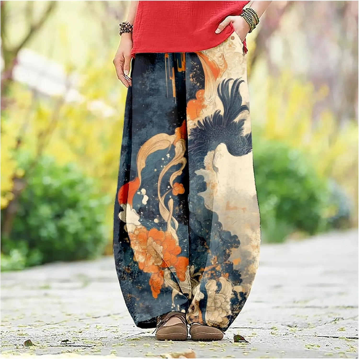 Japanese Ink Painting Pants Waist Elastic Wide Leg Sweatpants Ethnic Style Baggy Trouser Casual Boho Spring Fall Pant