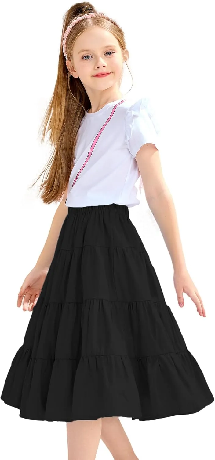 J.E Sterguard Skirts for Girls Stretch Waist A-Line Big Swing Middle Length Multilevel Pleated Skirt Girls Skirts Size 4-16