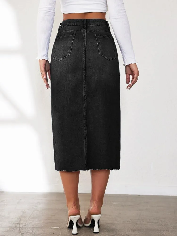 Jean Skirts for Women Denim High Waisted Slit Casual Long Skirt with Pockets