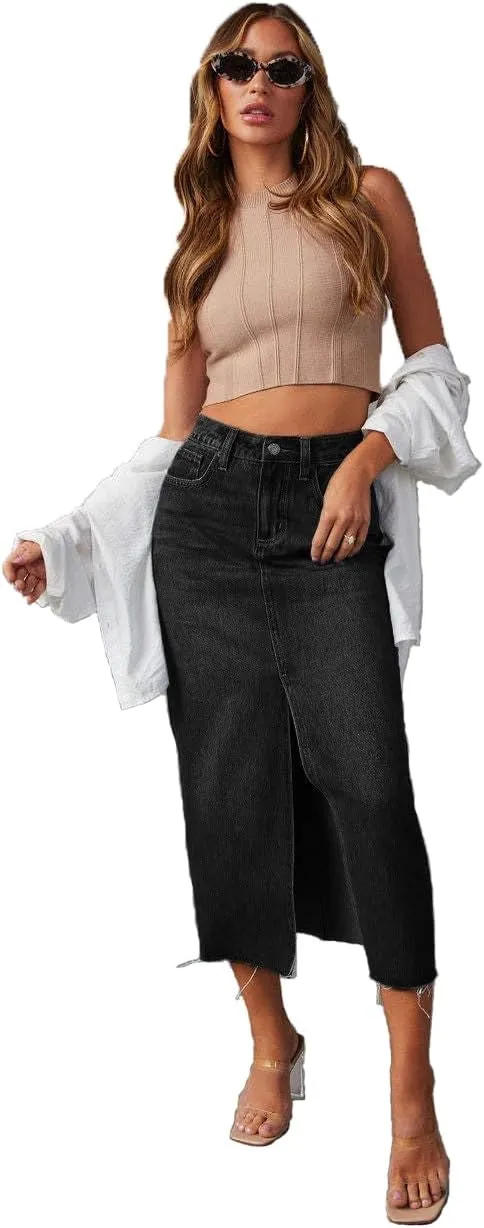 Jean Skirts for Women Denim High Waisted Slit Casual Long Skirt with Pockets