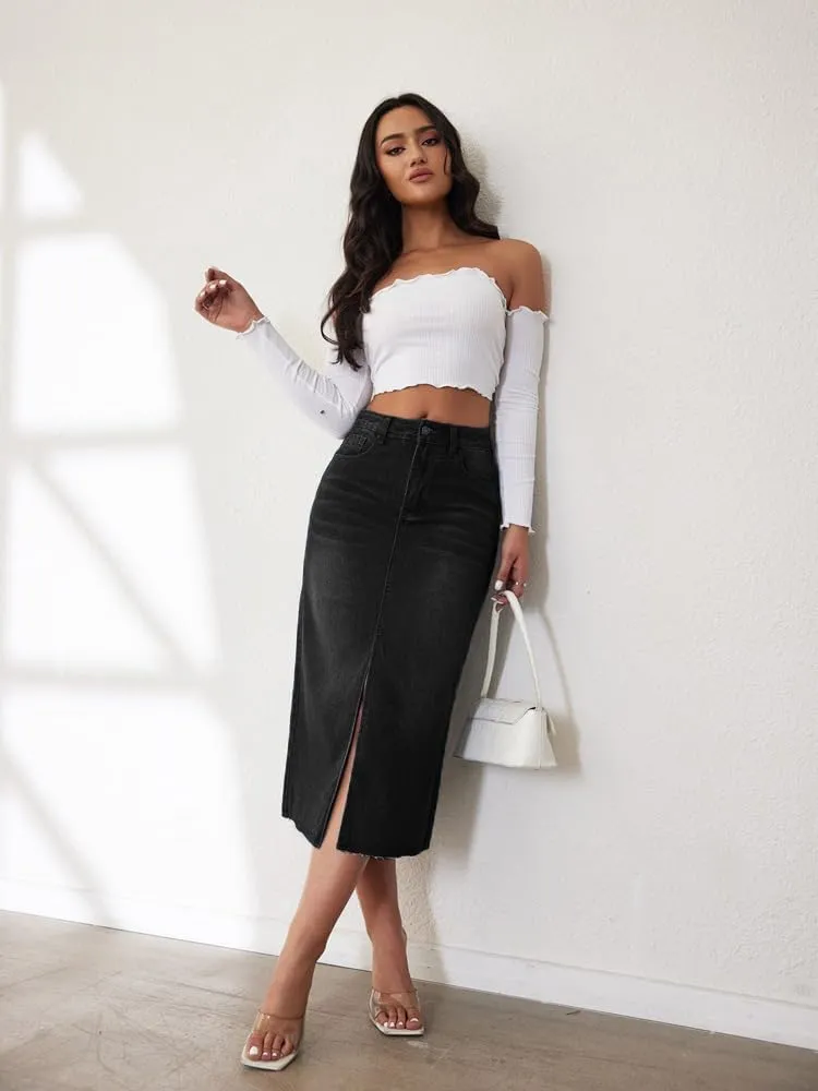 Jean Skirts for Women Denim High Waisted Slit Casual Long Skirt with Pockets