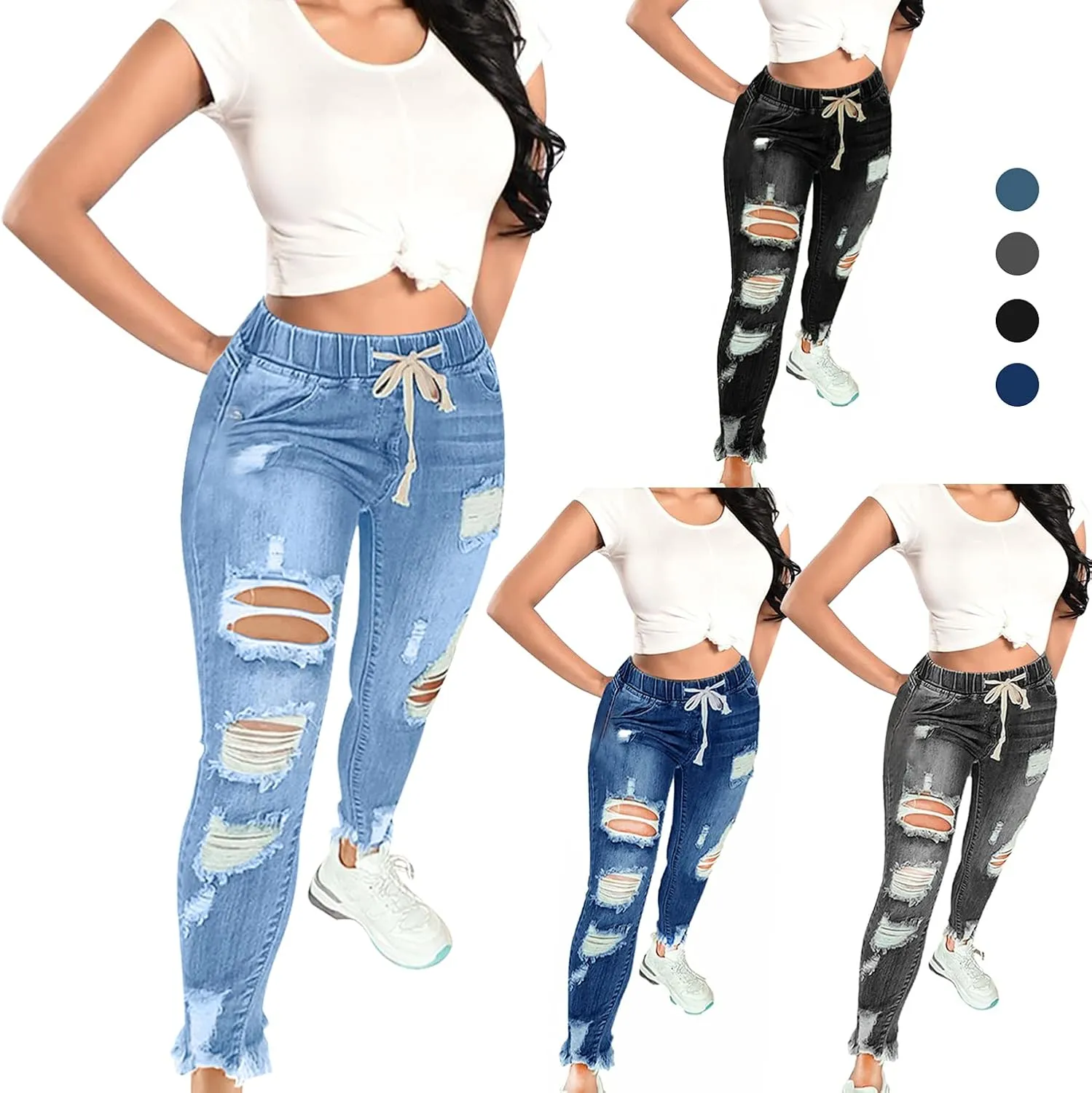 KUNMI Women High Waist Skinny Stretch Ripped Jeans Destroyed Denim Pants Plus Size