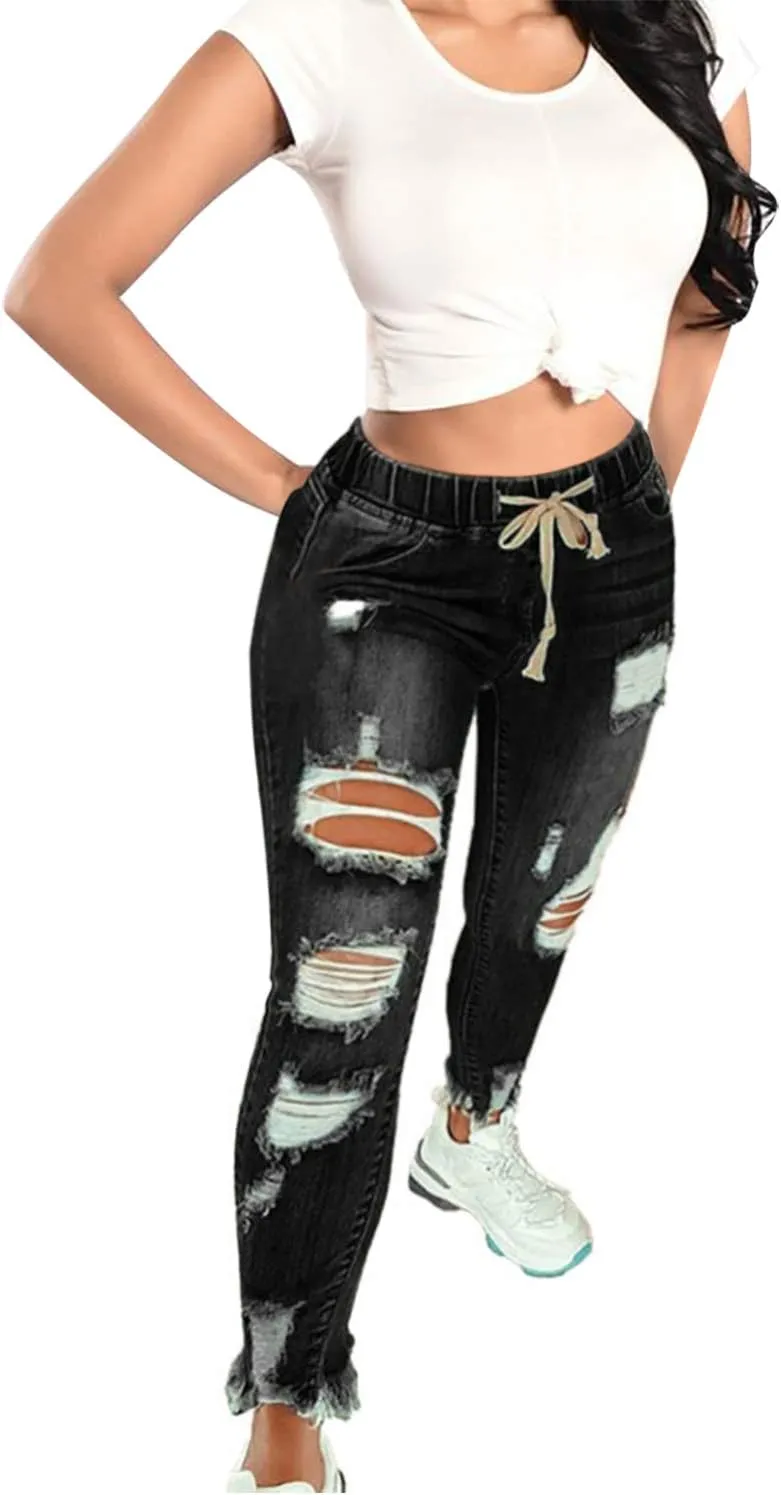 KUNMI Women High Waist Skinny Stretch Ripped Jeans Destroyed Denim Pants Plus Size
