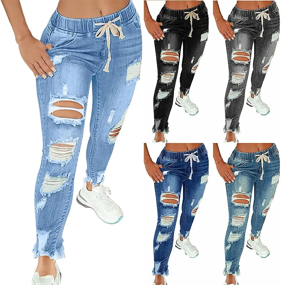 KUNMI Women High Waist Skinny Stretch Ripped Jeans Destroyed Denim Pants Plus Size