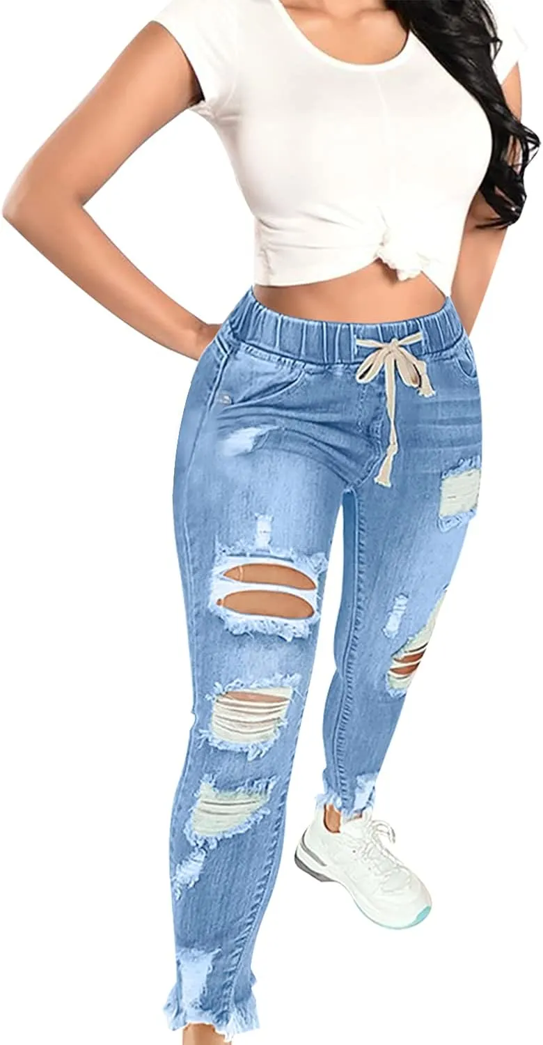 KUNMI Women High Waist Skinny Stretch Ripped Jeans Destroyed Denim Pants Plus Size