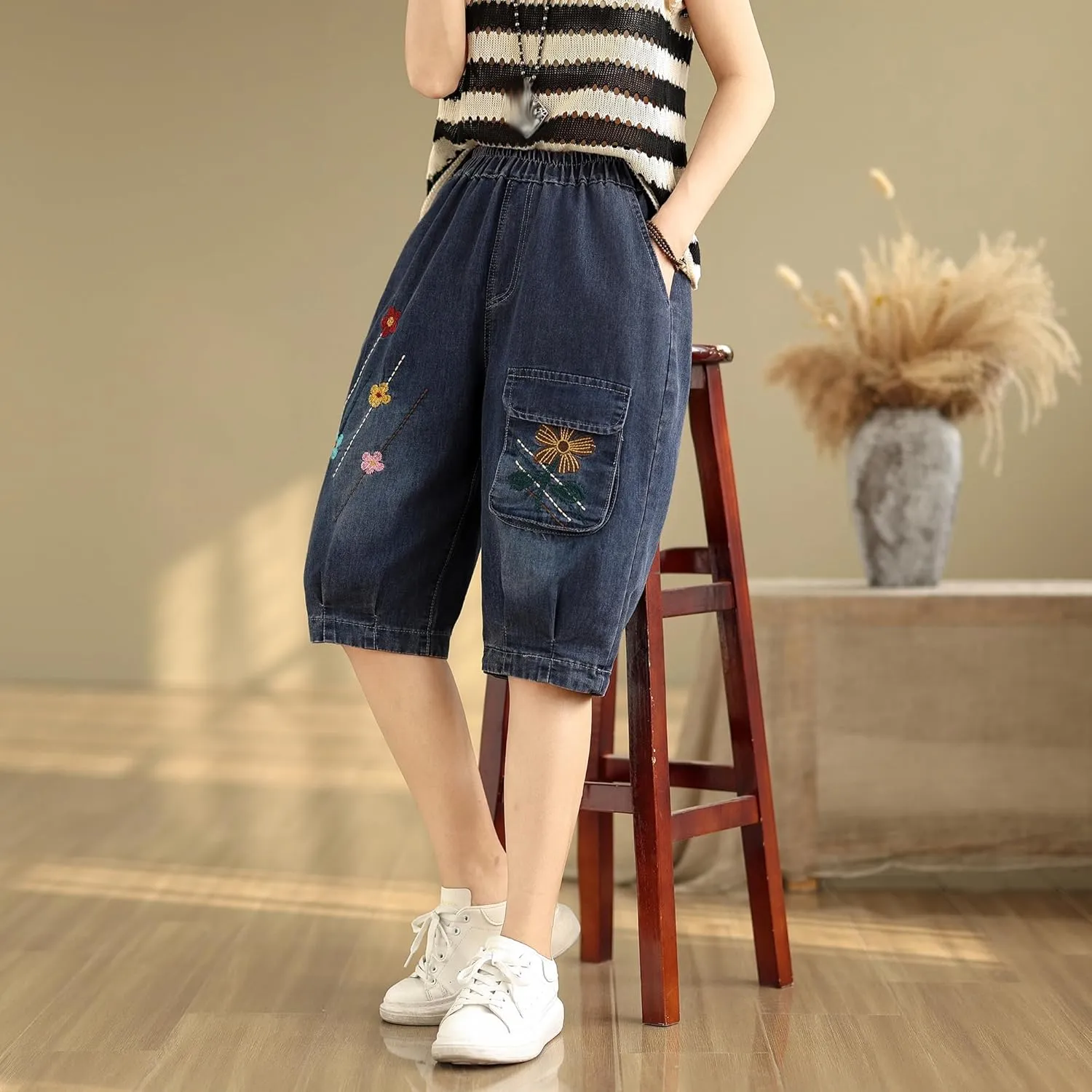 LAI MENG FIVE CATS Women Denim Harem Pants Loose Jeans with Elastic Waist with Pocket