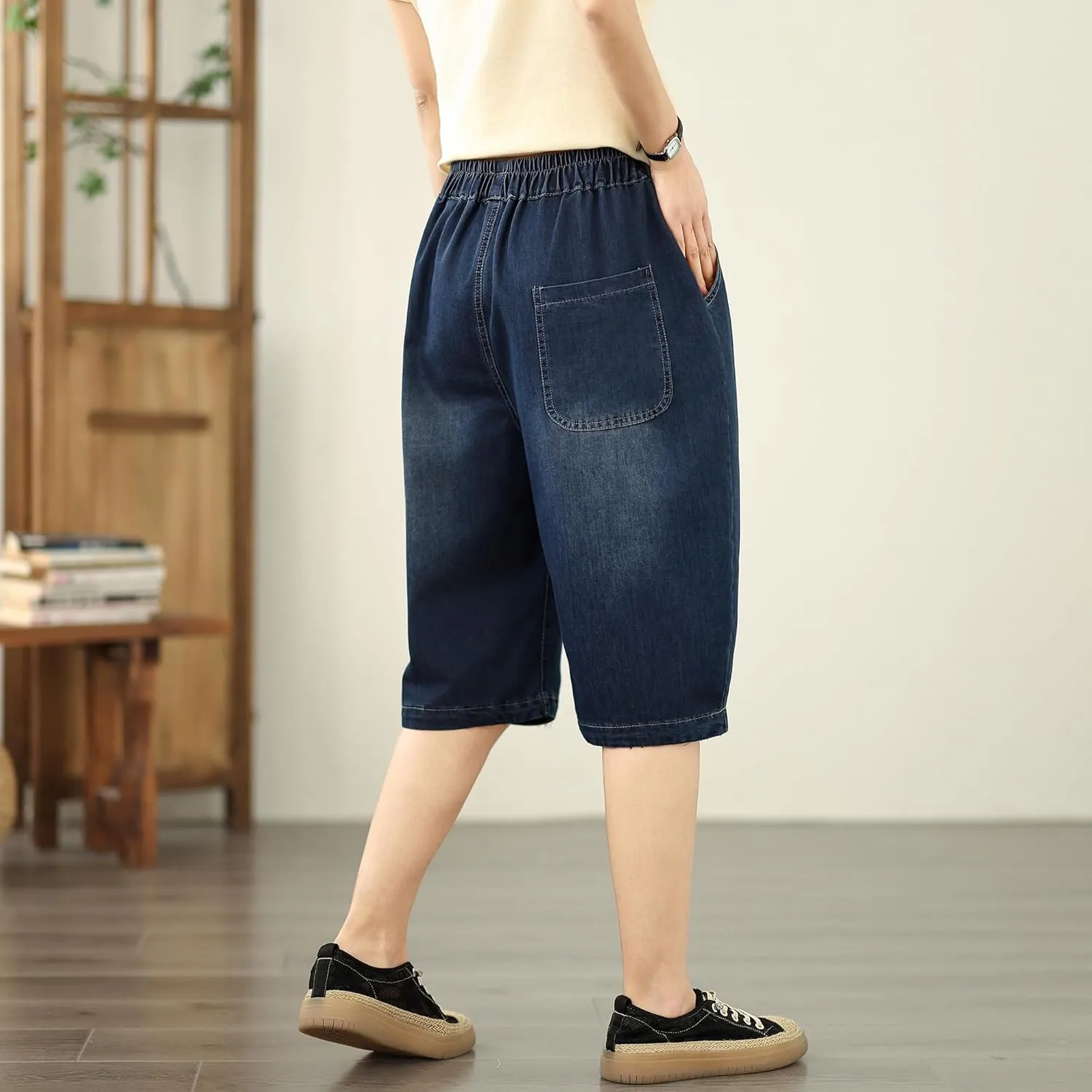 LAI MENG FIVE CATS Women Denim Harem Pants Loose Jeans with Elastic Waist with Pocket