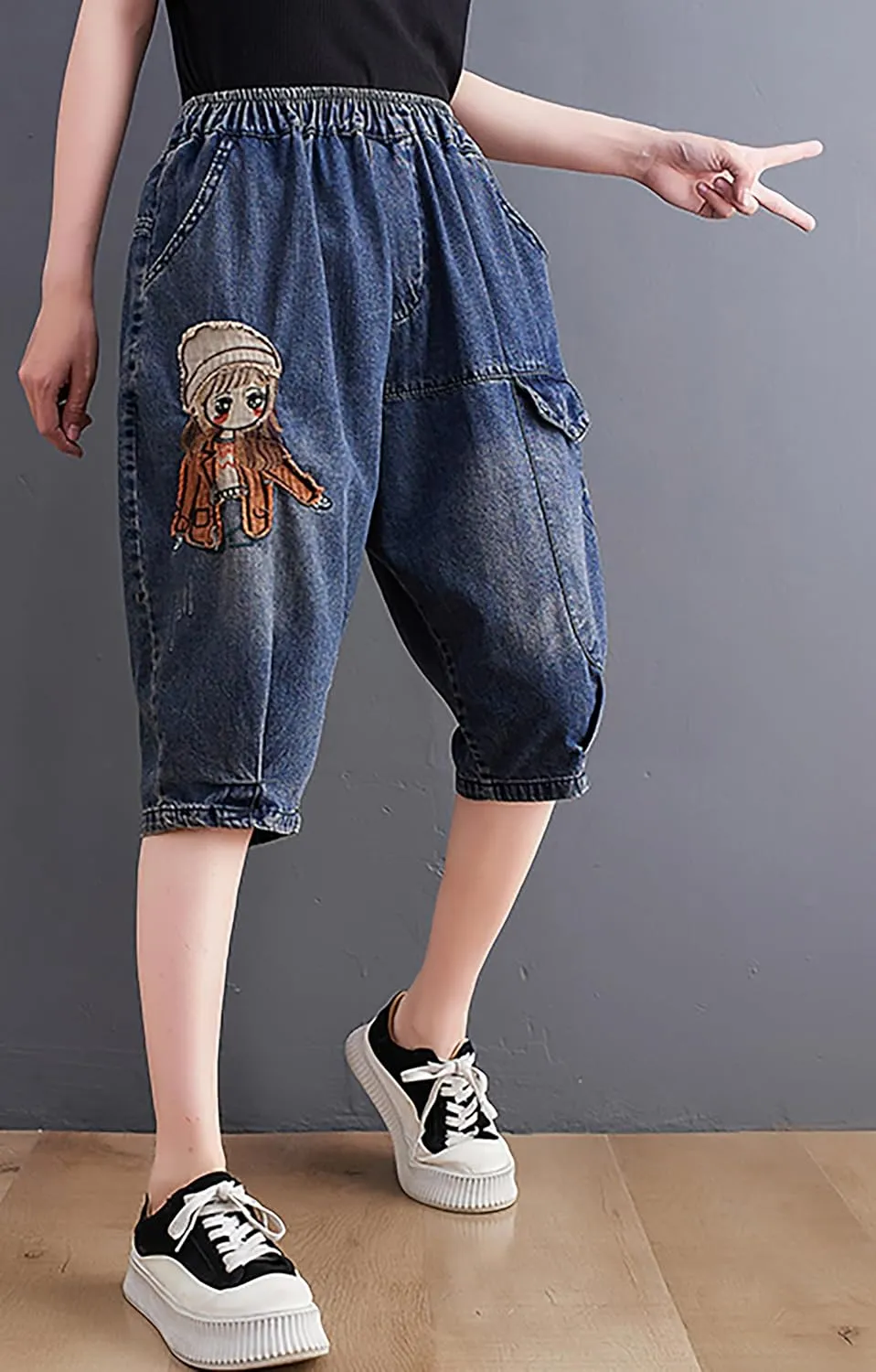 LAI MENG FIVE CATS Women Denim Harem Pants Loose Jeans with Elastic Waist with Pocket