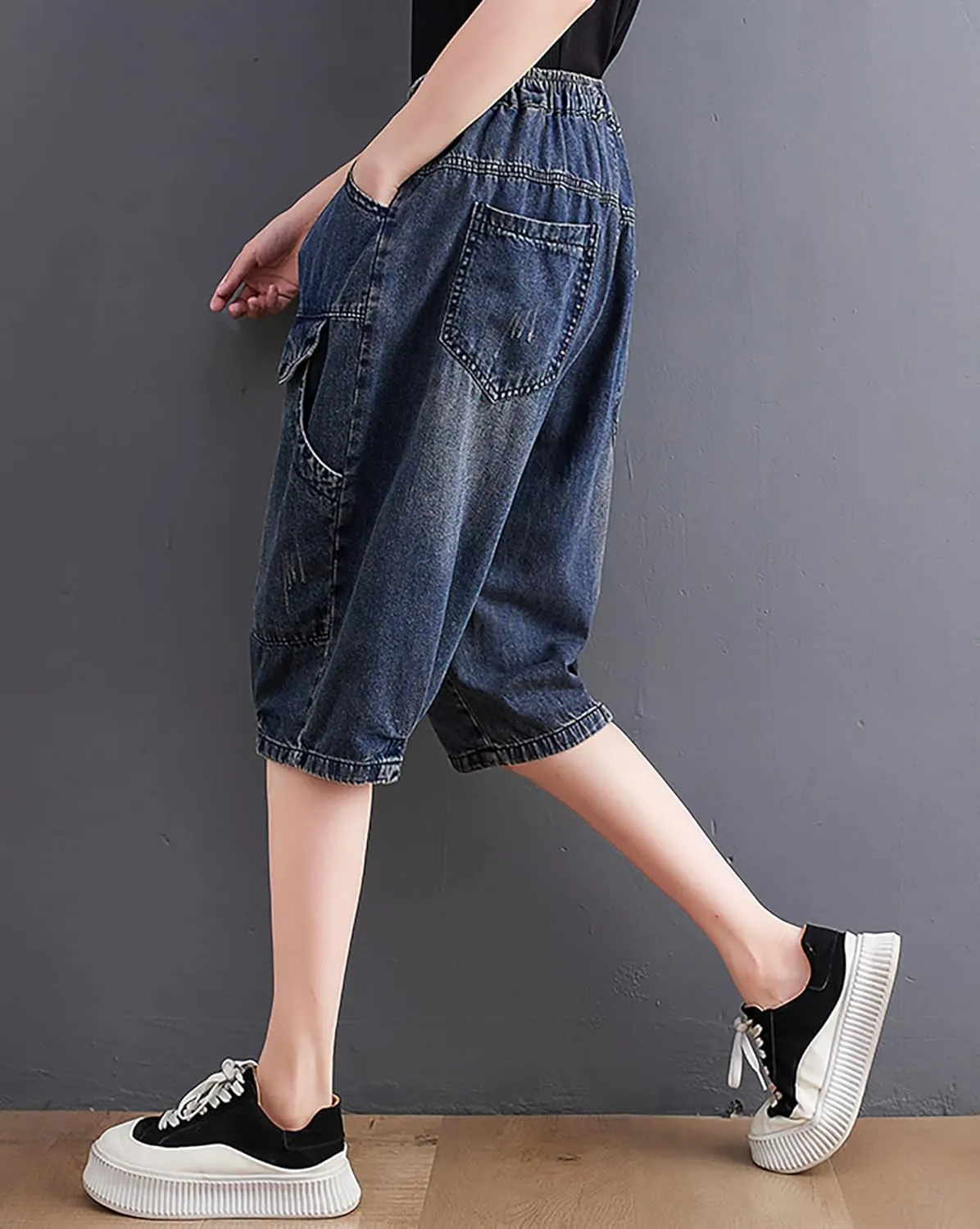 LAI MENG FIVE CATS Women Denim Harem Pants Loose Jeans with Elastic Waist with Pocket