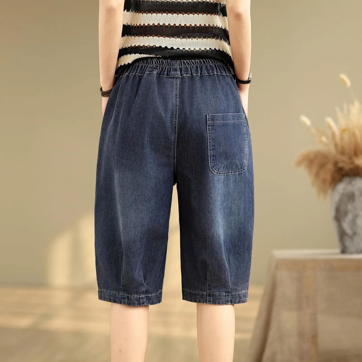 LAI MENG FIVE CATS Women Denim Harem Pants Loose Jeans with Elastic Waist with Pocket