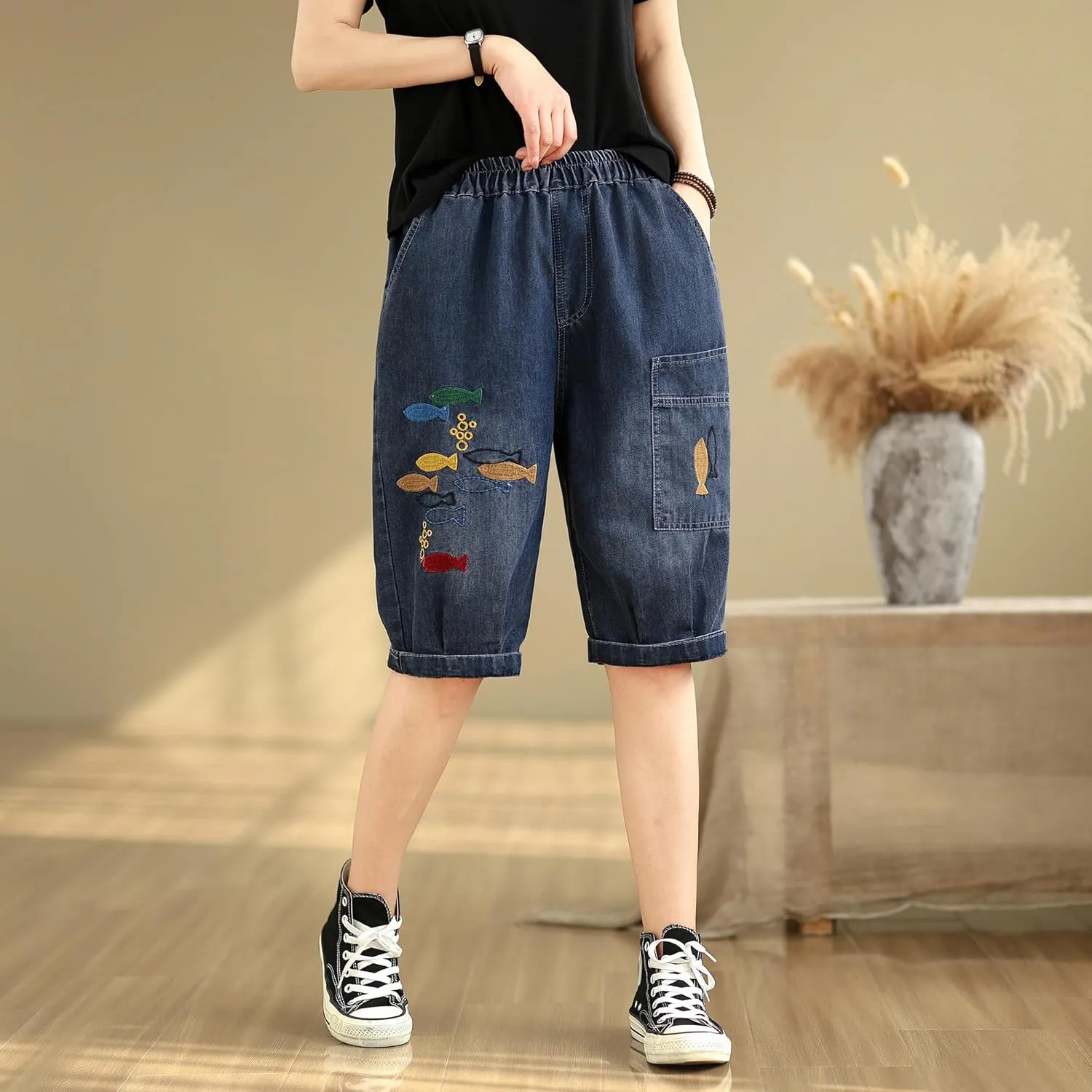 LAI MENG FIVE CATS Women Denim Harem Pants Loose Jeans with Elastic Waist with Pocket