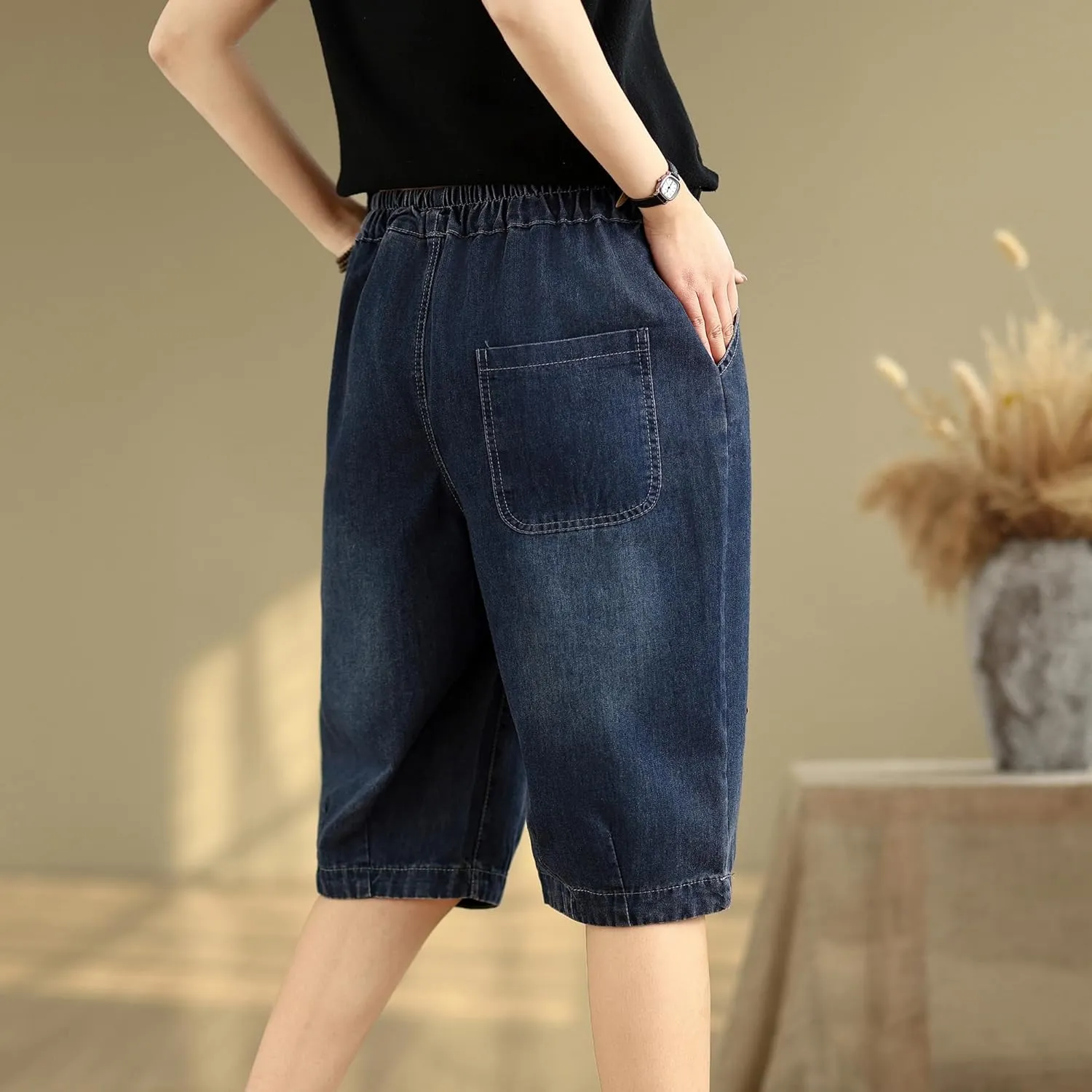 LAI MENG FIVE CATS Women Denim Harem Pants Loose Jeans with Elastic Waist with Pocket