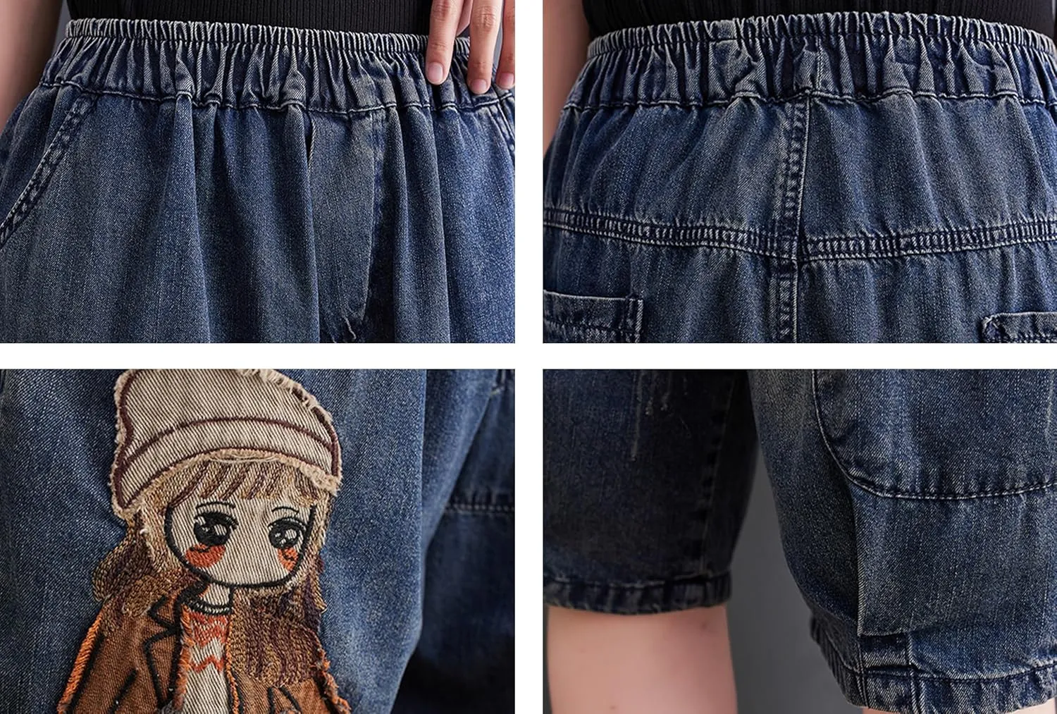 LAI MENG FIVE CATS Women Denim Harem Pants Loose Jeans with Elastic Waist with Pocket
