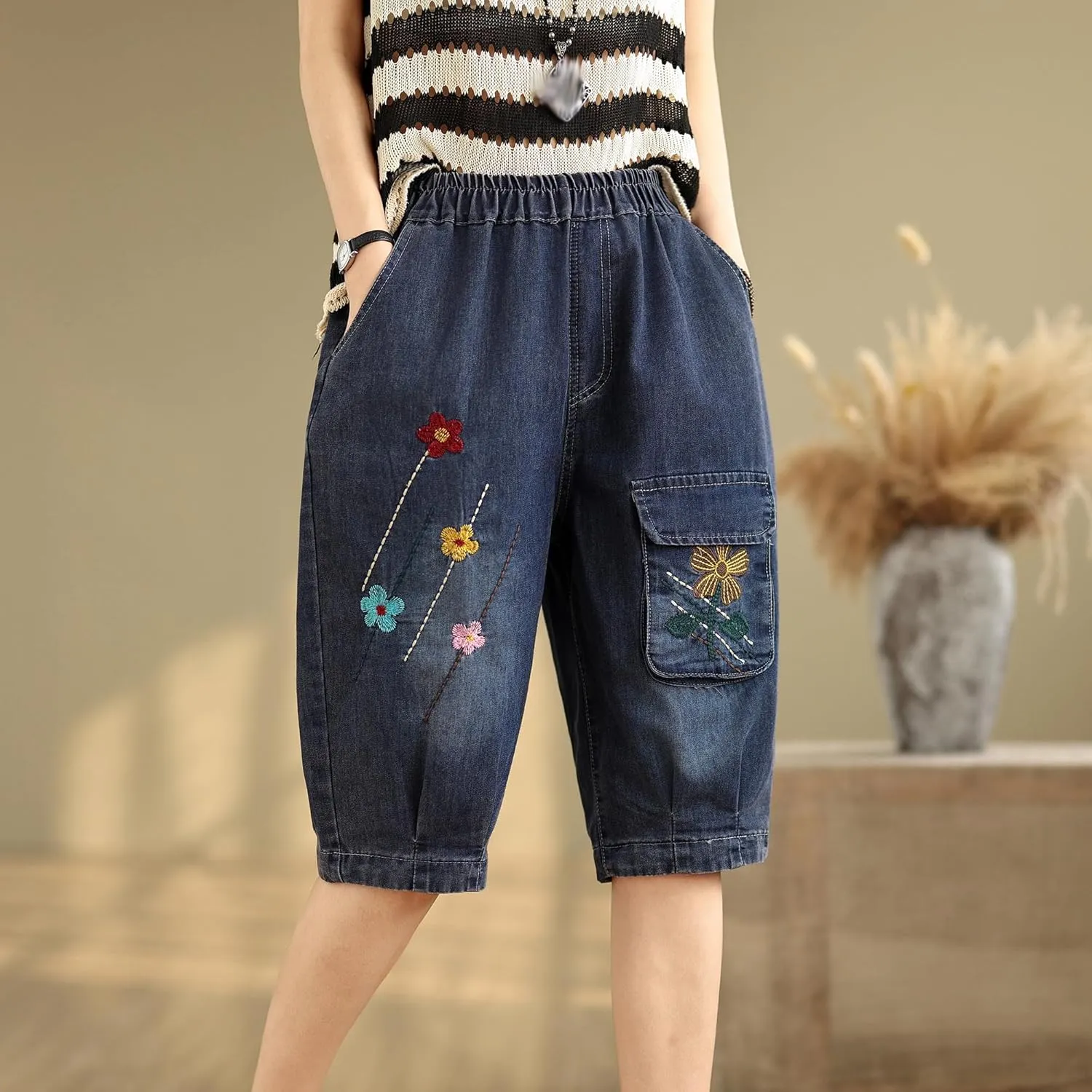 LAI MENG FIVE CATS Women Denim Harem Pants Loose Jeans with Elastic Waist with Pocket