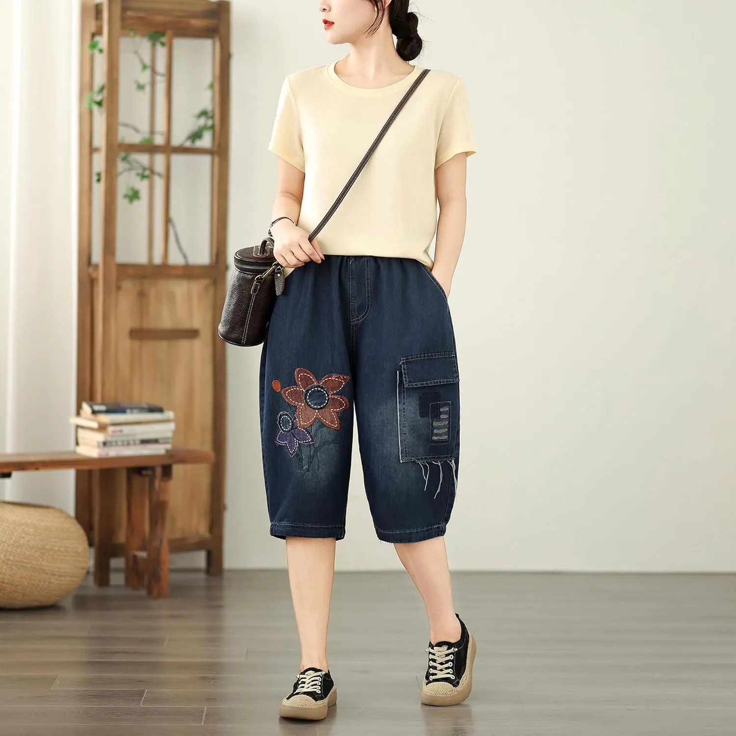 LAI MENG FIVE CATS Women Denim Harem Pants Loose Jeans with Elastic Waist with Pocket