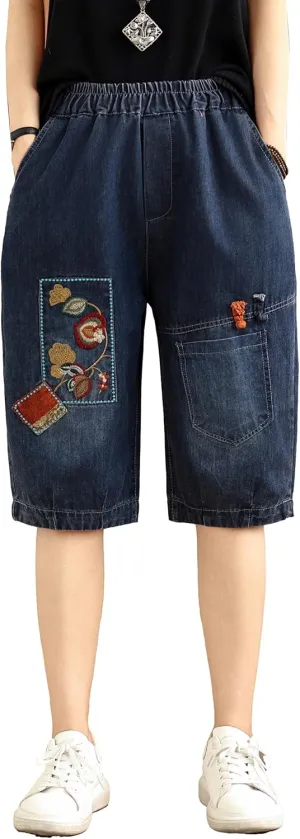 LAI MENG FIVE CATS Women Denim Harem Pants Loose Jeans with Elastic Waist with Pocket