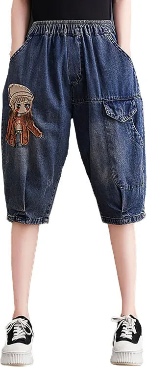 LAI MENG FIVE CATS Women Denim Harem Pants Loose Jeans with Elastic Waist with Pocket